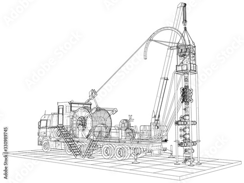 Coiled tubing Truck unit machine. The layers of visible and invisible lines are separated. EPS10 format. Wire-frame.