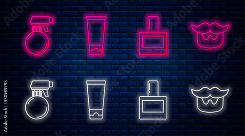 Set line Cream or lotion cosmetic tube, Aftershave, Hairdresser pistol spray bottle and Mustache and beard. Glowing neon icon on brick wall. Vector