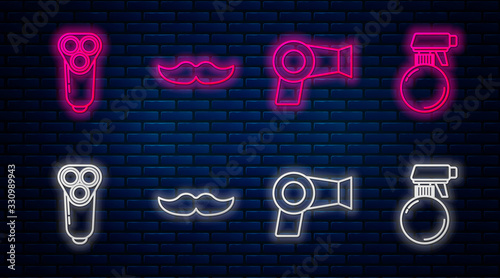 Set line Mustache, Hair dryer, Electric razor blade for men and Hairdresser pistol spray bottle. Glowing neon icon on brick wall. Vector