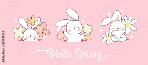Draw banner cute rabbit and flower in hole For Easter and spring.
