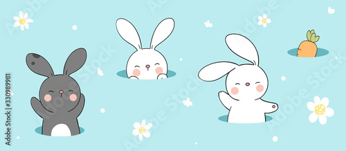 Draw banner rabbit and carrot in hole on blue color.
