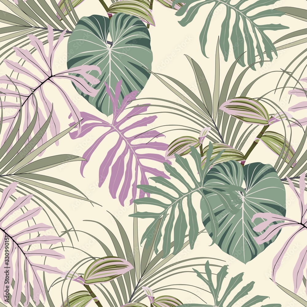 Tropical jungle plants, exotic green pink leaves on yellow background. Beach seamless pattern.