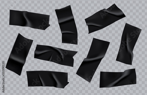 Adhesive duct tape pieces set. Realistic black insulating tape collection, sticky scotch elements isolated on transparent background.