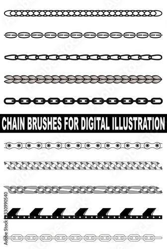 Chain illustrator brushes for fashion and digital illustration.  Cable, stitch, chain, yarn, metallic chain, motorcycle, jewel, jewelry, chainsaw.