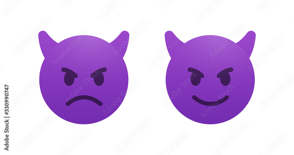 Evil and cunning devil emoji vector icon. Angry emoticon with horns. Smile sticker.