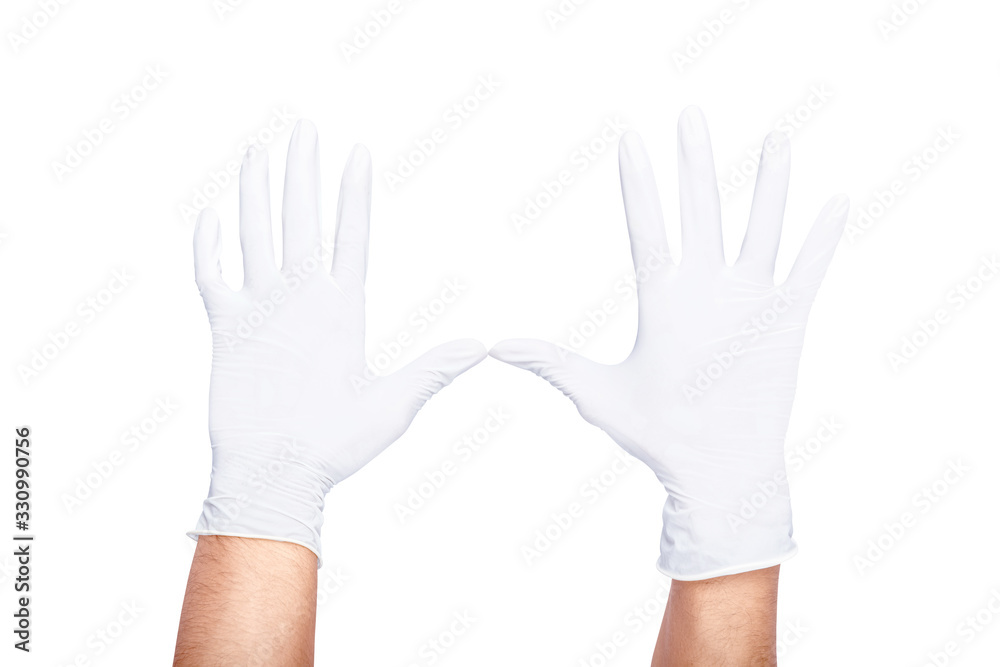 Human hands wearing white latex medical glove Human hands wearing white latex medical glove