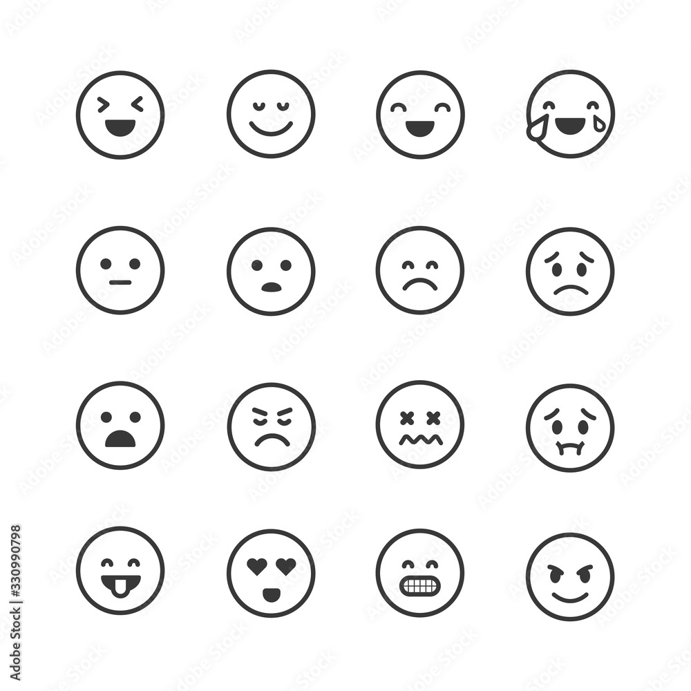 Set of linear emoji vector icons. Flat emotion signs. Comment reactions. Simple cartoon face emotion collection. Set of linear emoji vector icons. Flat emotion signs. Comment reactions. Simple cartoon face emotion collection.