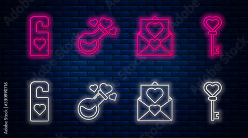 Set line Bottle with love potion, Envelope with Valentine heart, Please do not disturb with heart and Key in heart shape. Glowing neon icon on brick wall. Vector