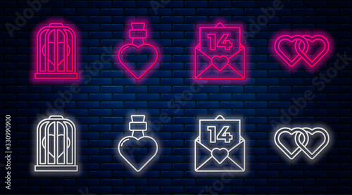 Set line Bottle with love potion, Envelope with Valentine heart, Heart in the bird cage and Two Linked Hearts. Glowing neon icon on brick wall. Vector