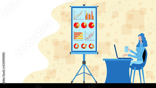 Business woman working for business statistics charts with a projection screen icon
