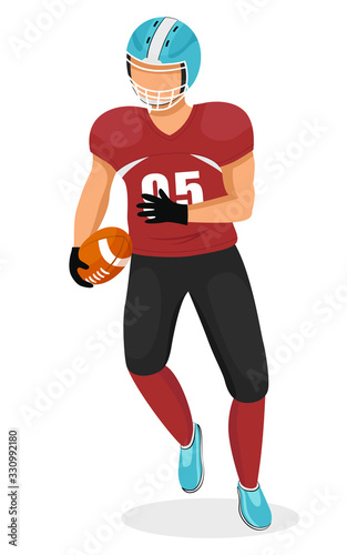 Man playing gridiron game running with ball in hands. Athlete or college student playing american football. Male personage, strong team player participating in competition. Vector in flat style © robu_s
