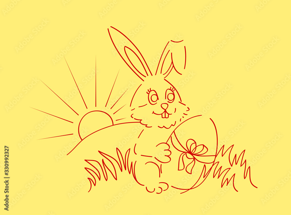 Fototapeta premium outline rabbit illustration, bunny holding egg gift, bunny with chocolate egg, easter bunny in a nature, happy bunny