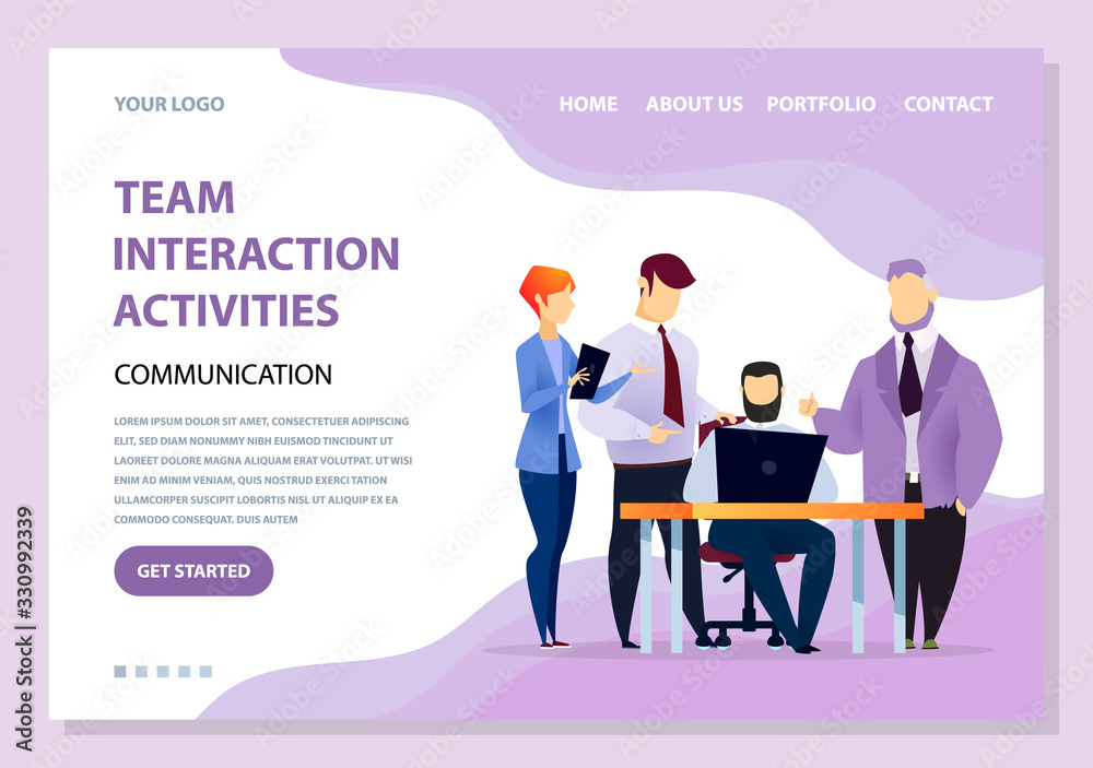 Team interaction activities, people working in office. Teamwork of coders or programmers looking at laptop screen. Characters with personal computer. Website or webpage template, landing page vector