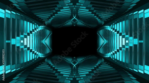 Loop able modern futuristic dark square grid with blue beam light tunnel wall or floor design footage background.
