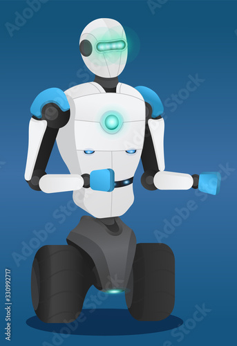 Robot innovation technology with light isolated ob blue. 3d view of automation metal machine in shape of human character with rising hands. Modern future with smart tech symbol of robotic vector
