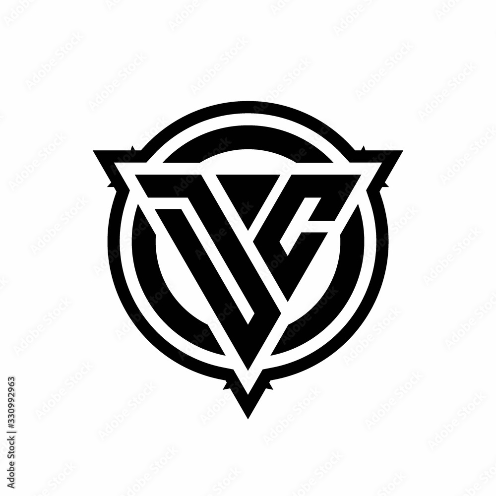 DC logo with triangle shape and circle with outline rounded design template DC logo with triangle shape and circle with outline rounded design template