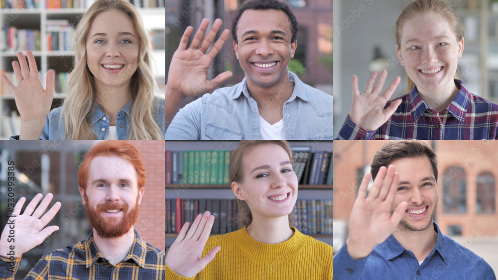 Fototapeta premium The Collage of Young People Waving At the Camera