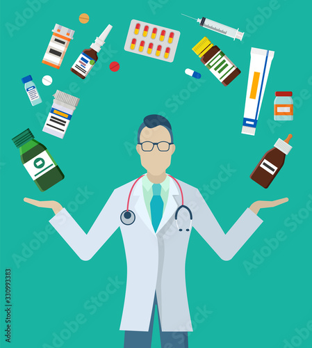 Practitioner or pharmacist stand in medical gown with stethoscope. Doctor examine and consults people about diseases and treatment. Pills and bottles around man. Vector illustration in flat style