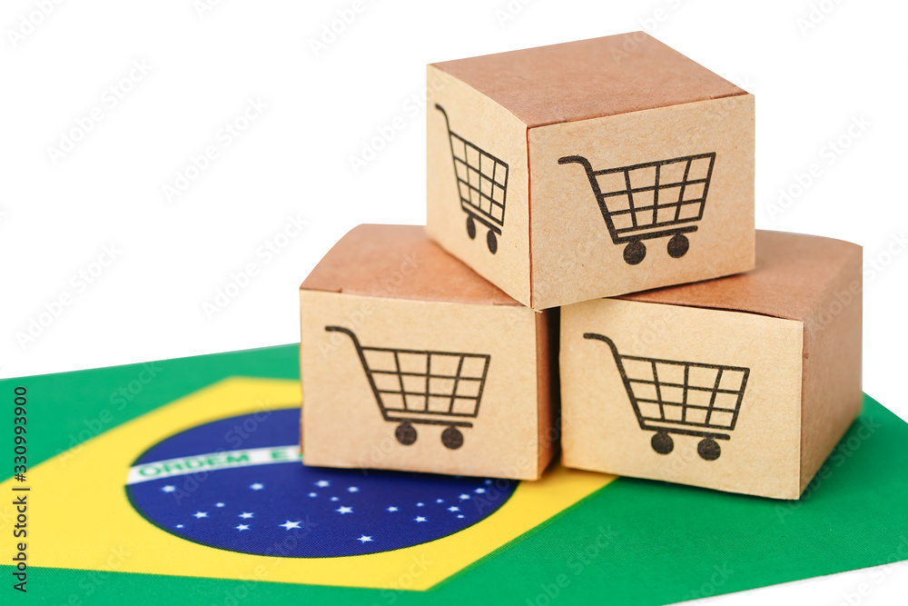Box with shopping cart logo and Brazil flag : Import Export Shopping online or eCommerce finance delivery service store product shipping, trade, supplier concept.