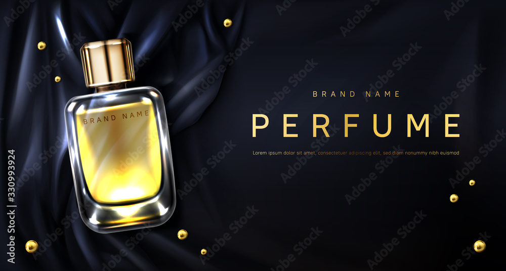Black perfume bottle mockup. Realistic illustration of black