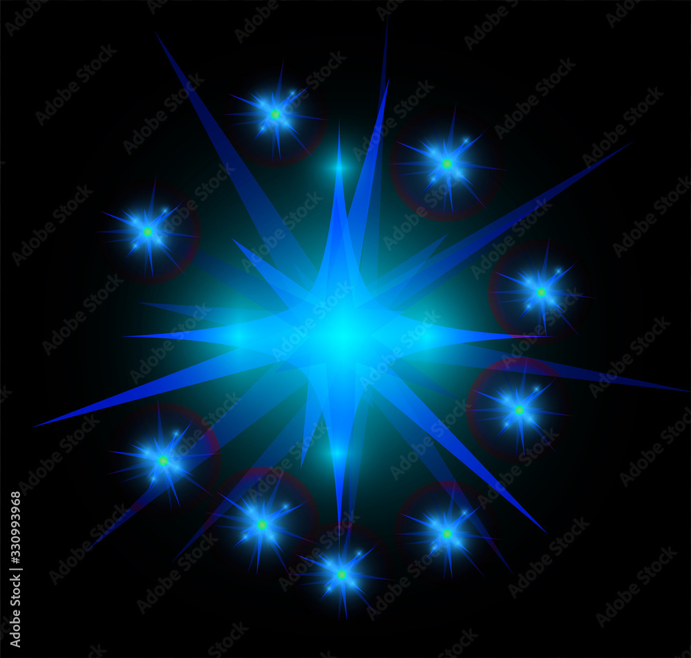Bright glowing and shining star flares effect isolated on black background. Vector illustration