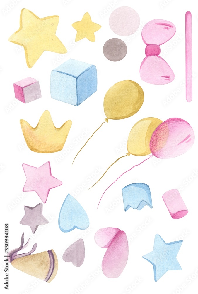 Watercolor hand drawn set of objects. Baby girl pink and blue style stuff and toys . Watercolor hand drawn set of objects. Baby girl pink and blue style stuff and toys .