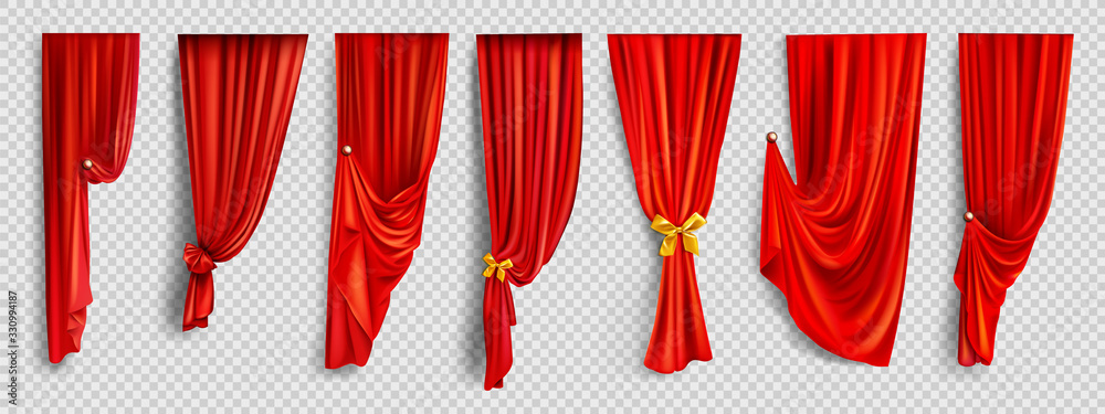 Red window curtains set, folded cloth for interior decoration realistic vector isolated on transparent background. Soft scarlet clear material, fabric drapery of different form golden pin illustration - obrazy, fototapety, plakaty 