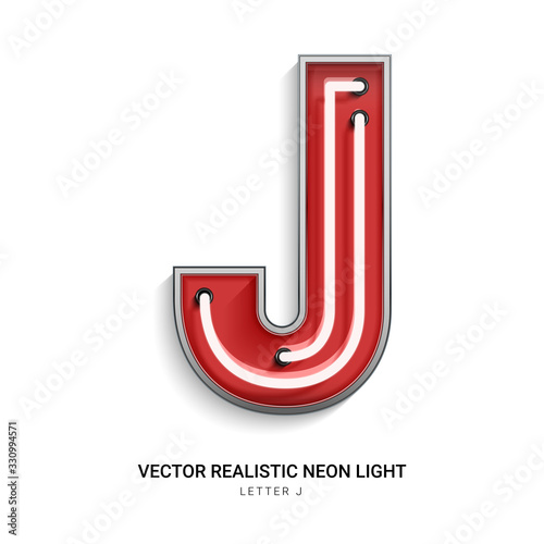 Red neon Colorful on Font J. All elements are Isolated on white background. 3d Realistic vector illustration