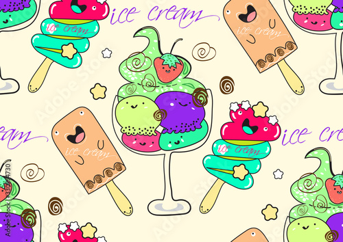 Seamless pattern with ice cream. Flat cartoon style. Vector illustration. Graphic for fabric.
