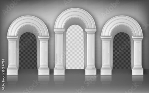 Arches with columns in wall realistic vector, interior gates with white pillars in palace or castle corridor, archway frames, portal entrance, antique doorway with shadow inside, 3d illustration