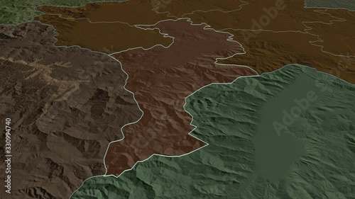 Prizren, district with its capital, zoomed and extruded on the administrative map of Kosovo in the conformal Stereographic projection. Animation 3D photo