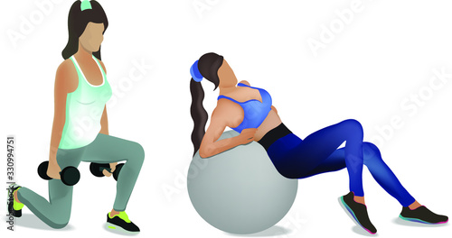 Two girls are engaged in a gym with dumbbells and on a fitness ball