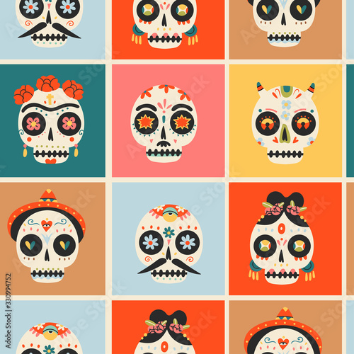 Set of various Sugar Sculls. Fancy skeleton heads. Various ornaments. Hand Drawn Vector illustration. Mexican Day of the Dead. Dia de los muertos. Halloween decoration. Seamless pattern. Background