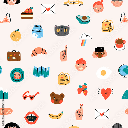 Various people's faces, tasty food, travel, love, romance. Different icons and logos. Cute hand drawn trendy vector illustrations. Cartoon style. Flat design. Naive art. Background, Seamless pattern