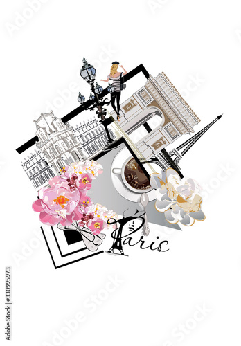 Design from Paris illustrations with fashion girls, flowers, cafes. Vector illustration.