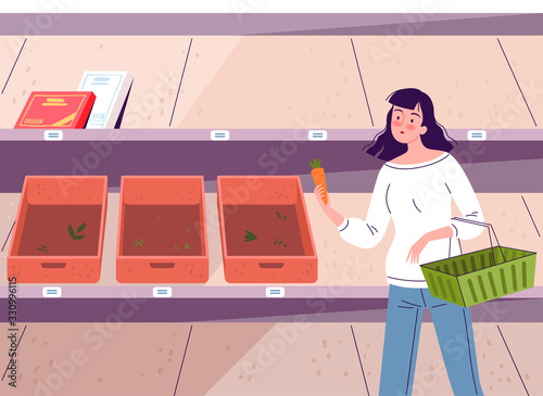 Girl chooses products in a supermarket with empty shelves. Panic and shortage of goods during quarantine