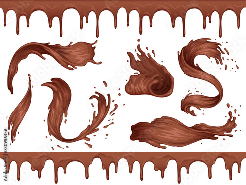 Set of splashes and waves of liquid hot chocolate. Chocolate seamless border