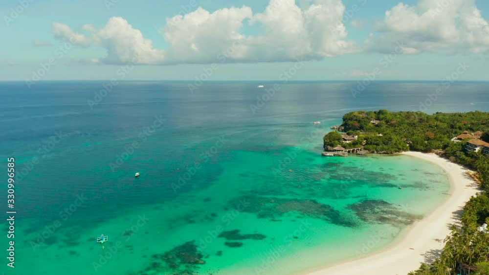 Tropical landscape boats in the turquoise lagoon and tropical beach from above. Seascape with beach on tropical island. Summer and travel vacation concept. Boracay Island, Philippines Tropical landscape boats in the turquoise lagoon and tropical beach from above. Seascape with beach on tropical island. Summer and travel vacation concept. Boracay Island, Philippines