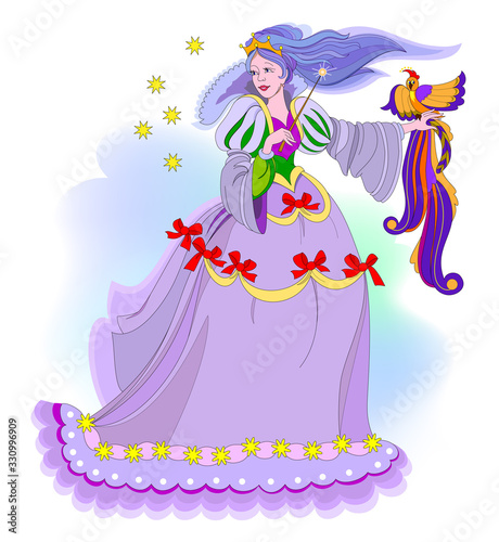 Illustration of fairyland princess with magic wand and fire-bird. Book cover for children fairy tale. Beautiful girl. Print for carnival festival or beauty and fashion party. Vector cartoon image.