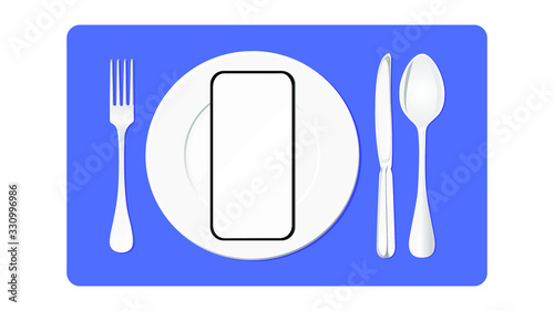 Vector of mobile phone on fine dining equipment set for Nomophobia and food online delivery concept