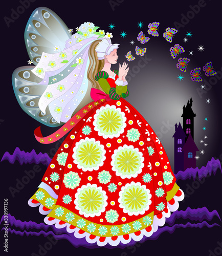 Illustration of fairyland princess in fashionable medieval dress. Book cover for children fairy tale. Beautiful girl. Print for carnival festival or theater and fashion party. Vector cartoon image.