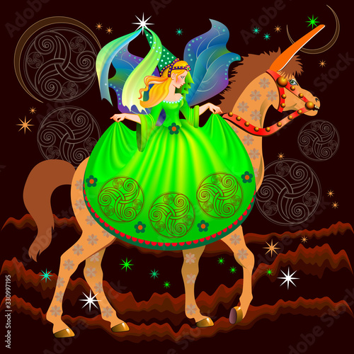 Illustration of fairyland princess riding on unicorn in fantastic medieval environment. Book cover for children fairy tale. Beautiful girl. Print for carnival festival or theater performance.