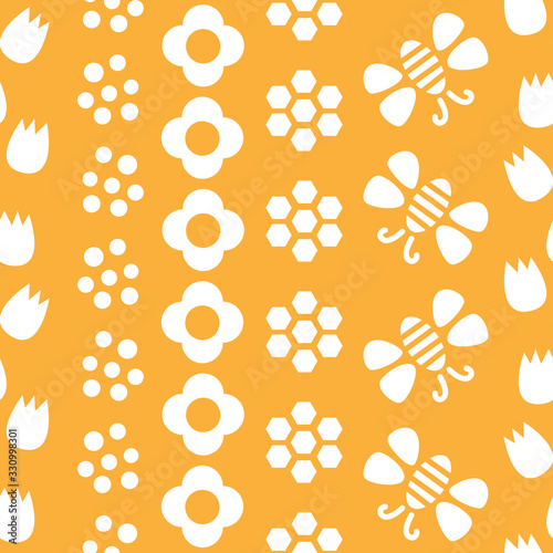 Yellow and white bees and flowers seamless repeat pattern tile, perfect for backgrounds, textures, wallpaper, surface pattern design, fabric, textiles, stationery and more.