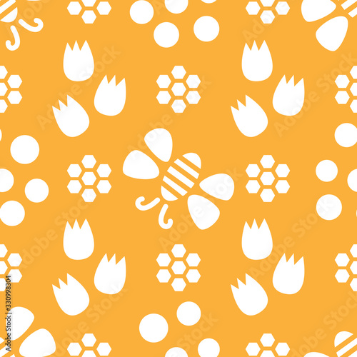 Yellow and white bees and flowers seamless repeat pattern tile, perfect for backgrounds, textures, wallpaper, surface pattern design, fabric, textiles, stationery and more.