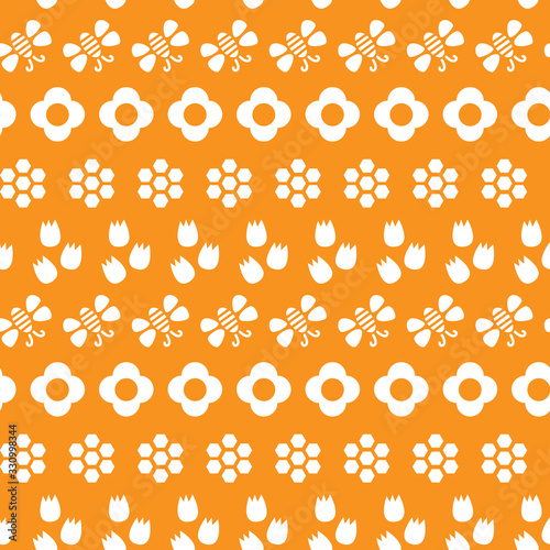Yellow and white bees and flowers seamless repeat pattern tile, perfect for backgrounds, textures, wallpaper, surface pattern design, fabric, textiles, stationery and more.