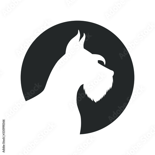 Dog graphic icon. Riesenschnauzer sign in the circle isolated on white background. Dog breeding symbol. Vector illustration