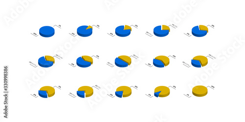 Set of isometric progress bars with percentage. Modern pie chart infographic design template. Vector diagrams easy to edit and customize. EPS10