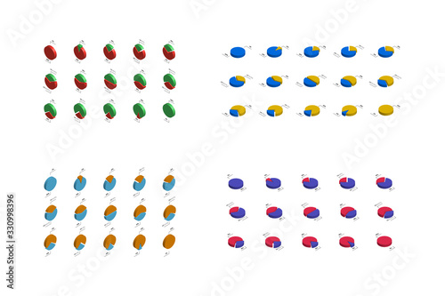 Set of isometric progress bars with percentage. Modern pie chart infographic design template. Vector diagrams easy to edit and customize. EPS10