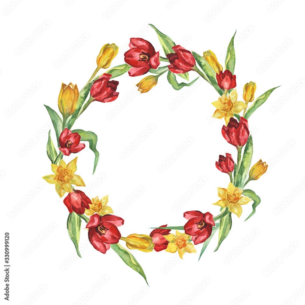 Watercolor wreath with yellow and red tulips and daffodils.Happy Easter greeting card. 