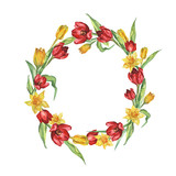 Watercolor wreath with yellow and red tulips and daffodils.Happy Easter greeting card. 